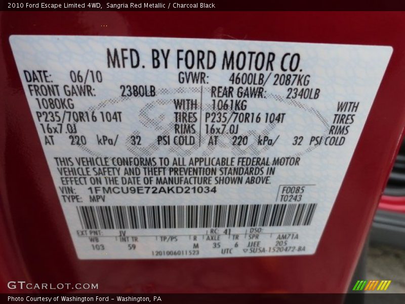 2010 Escape Limited 4WD Sangria Red Metallic Color Code JV