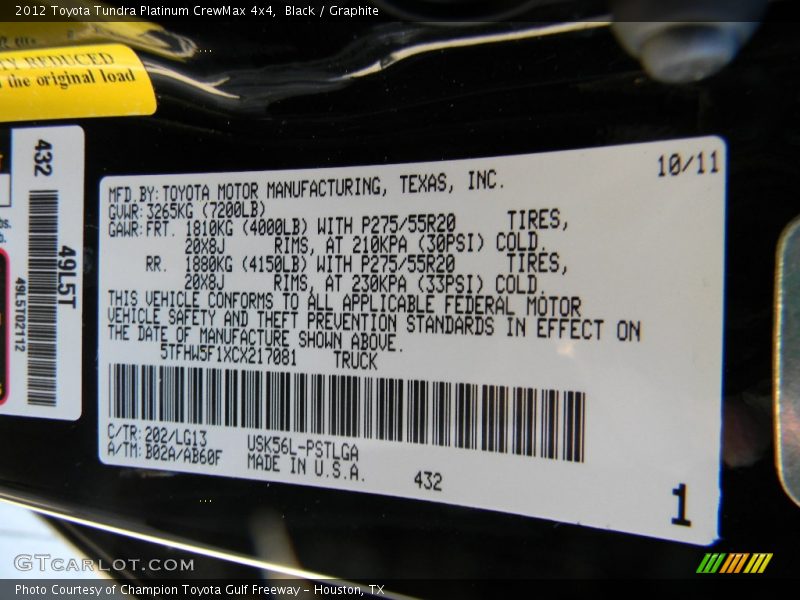 Black / Graphite 2012 Toyota Tundra Platinum CrewMax 4x4