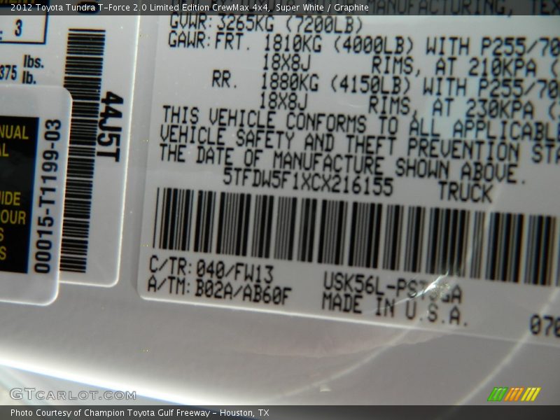 Super White / Graphite 2012 Toyota Tundra T-Force 2.0 Limited Edition CrewMax 4x4