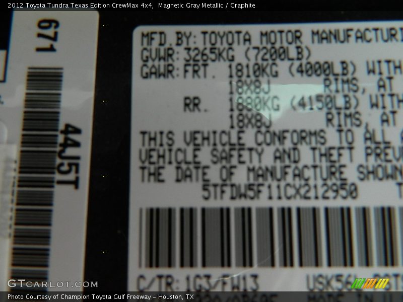 Magnetic Gray Metallic / Graphite 2012 Toyota Tundra Texas Edition CrewMax 4x4