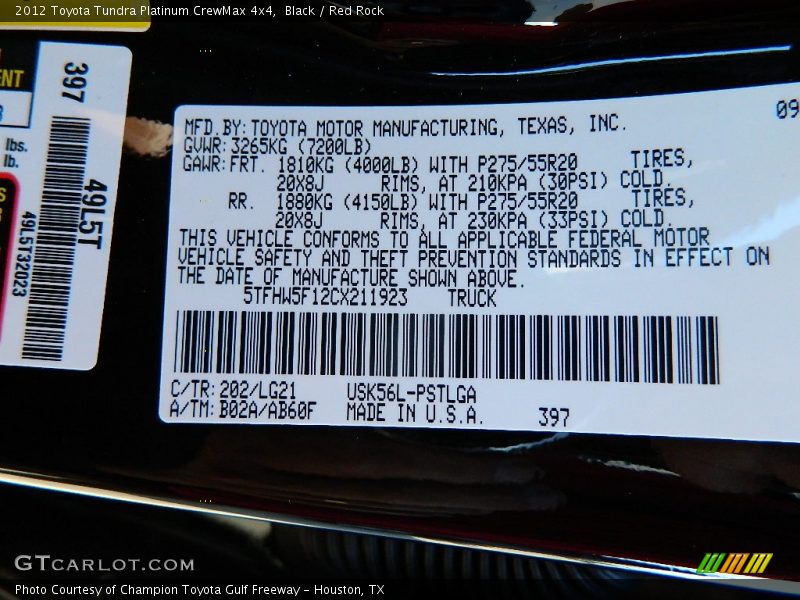 Black / Red Rock 2012 Toyota Tundra Platinum CrewMax 4x4