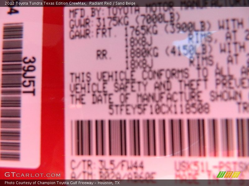 Radiant Red / Sand Beige 2012 Toyota Tundra Texas Edition CrewMax
