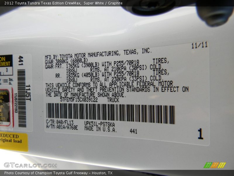 Super White / Graphite 2012 Toyota Tundra Texas Edition CrewMax