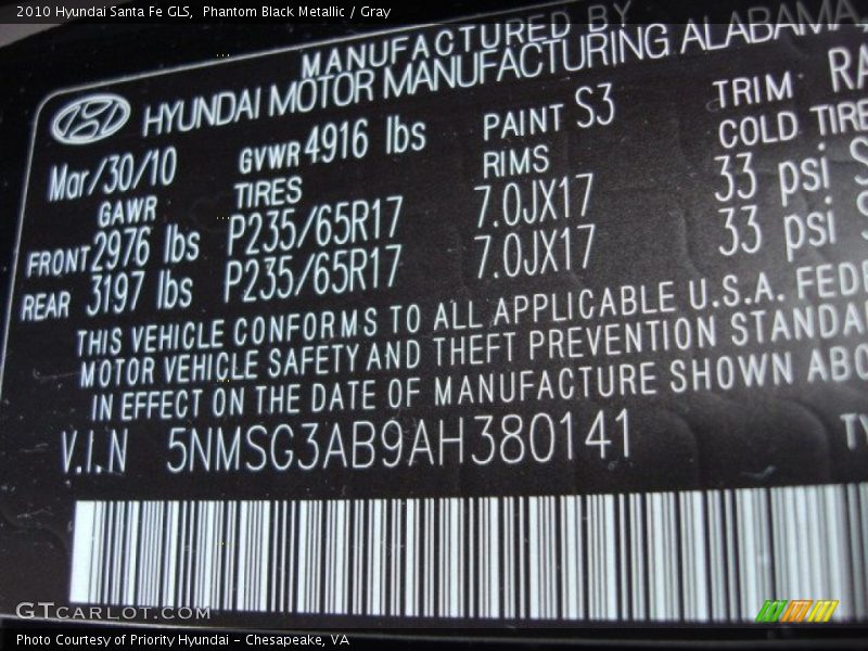 Phantom Black Metallic / Gray 2010 Hyundai Santa Fe GLS