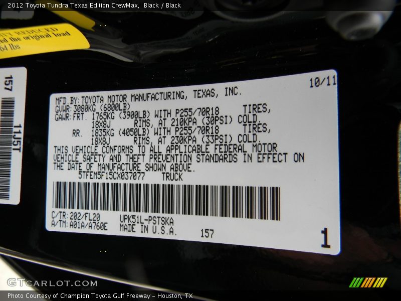 Black / Black 2012 Toyota Tundra Texas Edition CrewMax