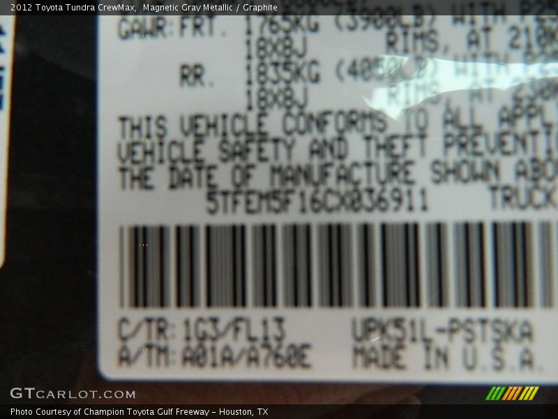 Magnetic Gray Metallic / Graphite 2012 Toyota Tundra CrewMax