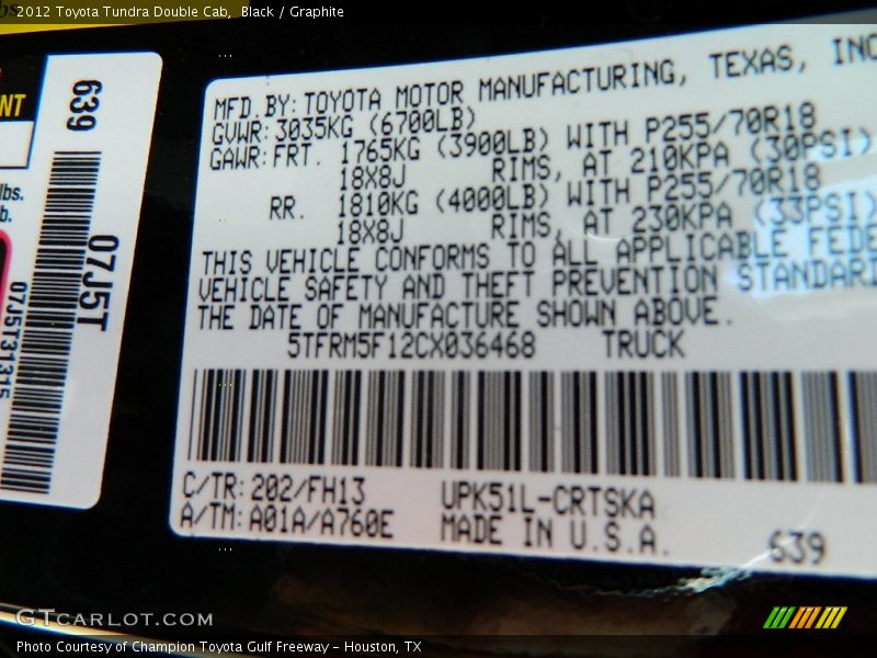 Black / Graphite 2012 Toyota Tundra Double Cab
