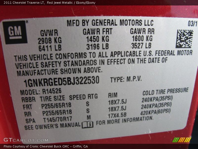 Red Jewel Metallic / Ebony/Ebony 2011 Chevrolet Traverse LT