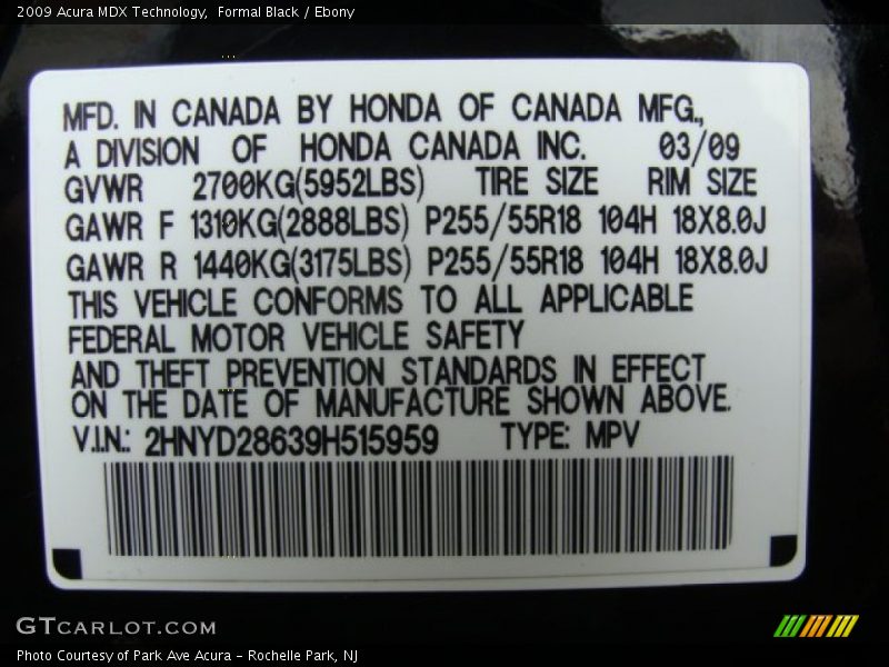 Formal Black / Ebony 2009 Acura MDX Technology