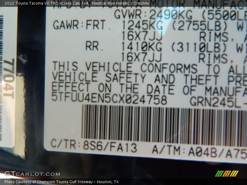 2012 Tacoma V6 TRD Access Cab 4x4 Nautical Blue Metallic Color Code 8S6