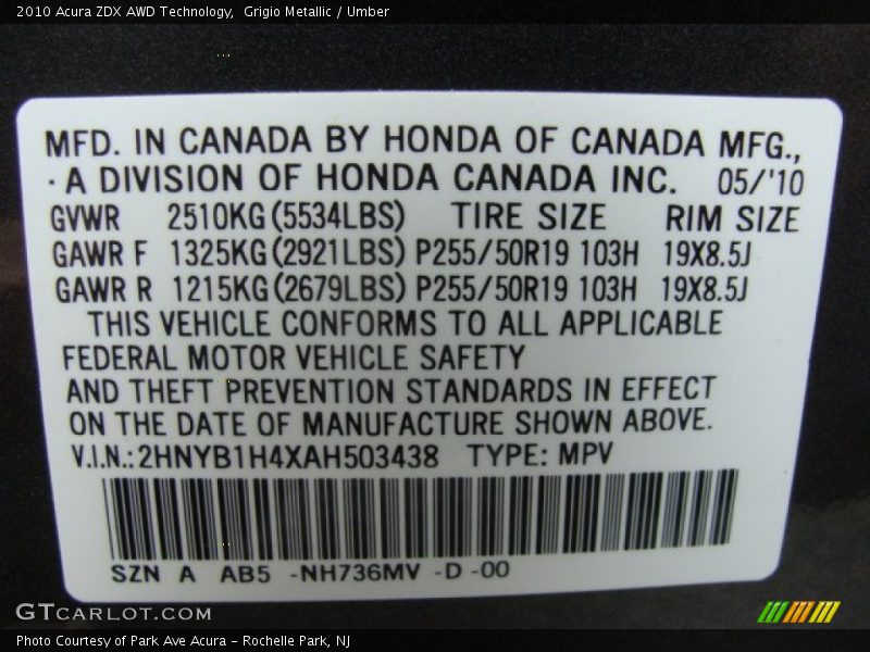 2010 ZDX AWD Technology Grigio Metallic Color Code NH736MV