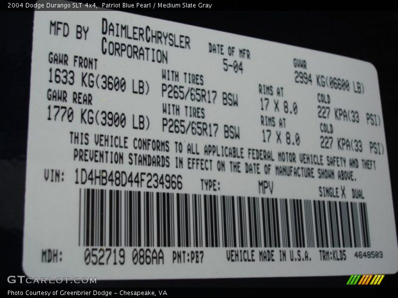 Patriot Blue Pearl / Medium Slate Gray 2004 Dodge Durango SLT 4x4