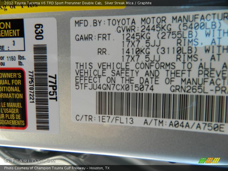 2012 Tacoma V6 TRD Sport Prerunner Double Cab Silver Streak Mica Color Code 1E7