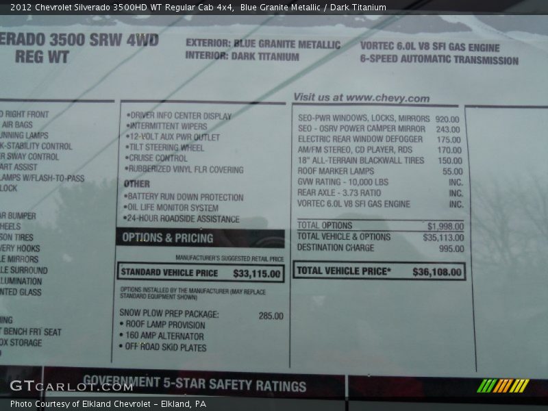  2012 Silverado 3500HD WT Regular Cab 4x4 Window Sticker