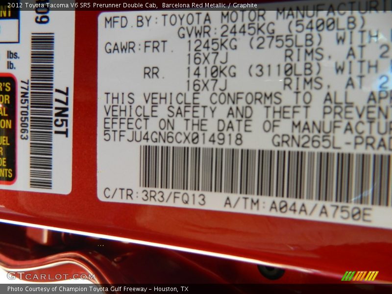 2012 Tacoma V6 SR5 Prerunner Double Cab Barcelona Red Metallic Color Code 3R3