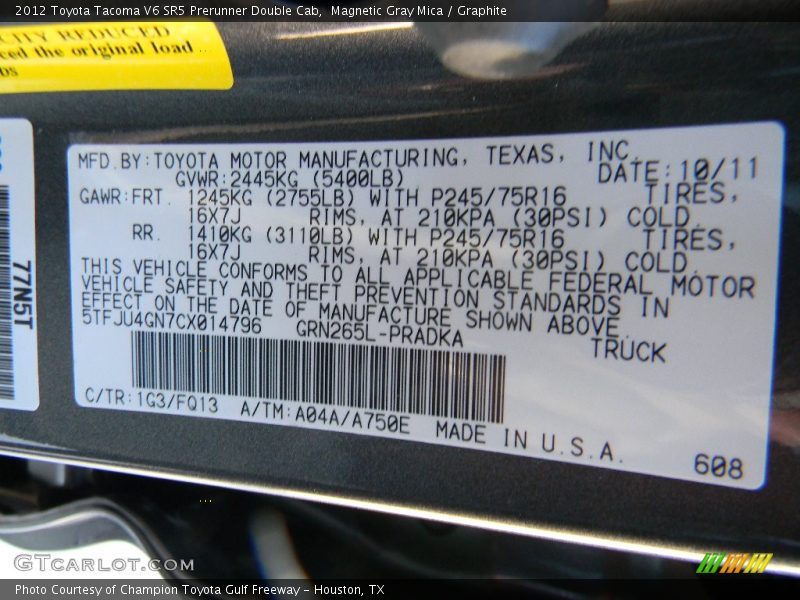 2012 Tacoma V6 SR5 Prerunner Double Cab Magnetic Gray Mica Color Code 1G3