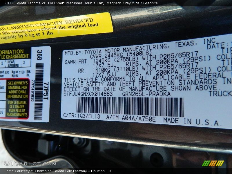 2012 Tacoma V6 TRD Sport Prerunner Double Cab Magnetic Gray Mica Color Code 1G3