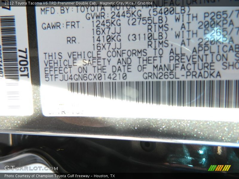 Magnetic Gray Mica / Graphite 2012 Toyota Tacoma V6 TRD Prerunner Double Cab