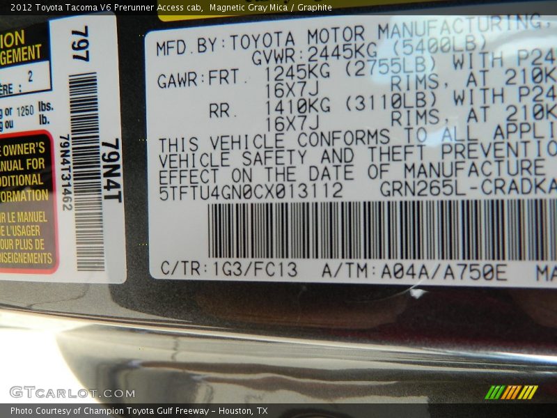 Magnetic Gray Mica / Graphite 2012 Toyota Tacoma V6 Prerunner Access cab