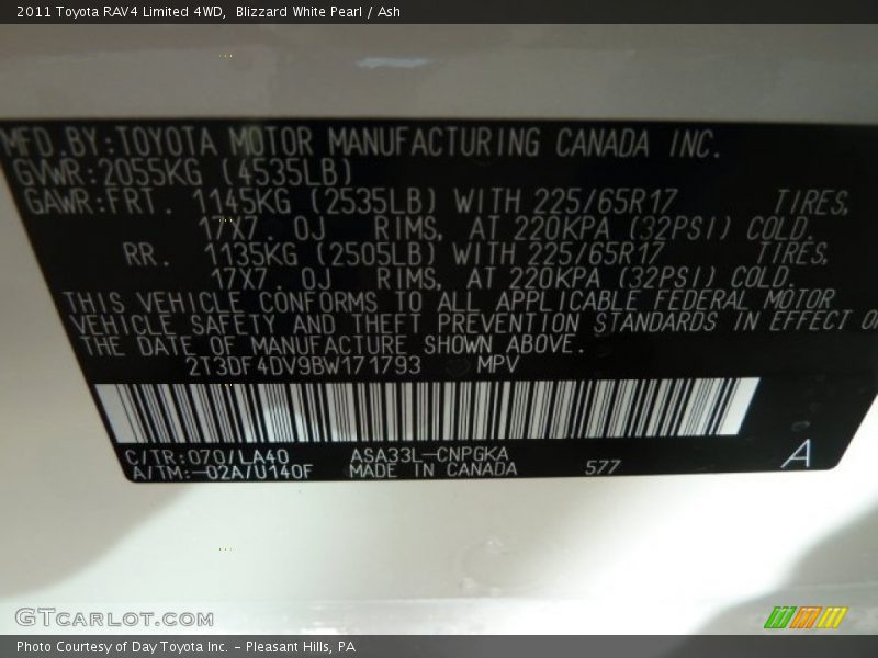 Blizzard White Pearl / Ash 2011 Toyota RAV4 Limited 4WD