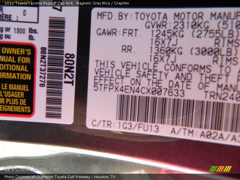 Magnetic Gray Mica / Graphite 2012 Toyota Tacoma Regular Cab 4x4