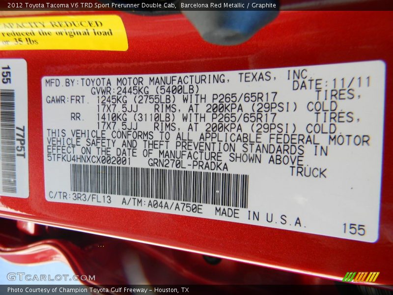 2012 Tacoma V6 TRD Sport Prerunner Double Cab Barcelona Red Metallic Color Code 3R3