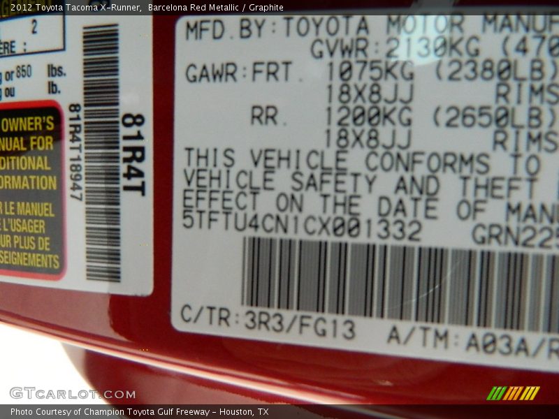 Barcelona Red Metallic / Graphite 2012 Toyota Tacoma X-Runner