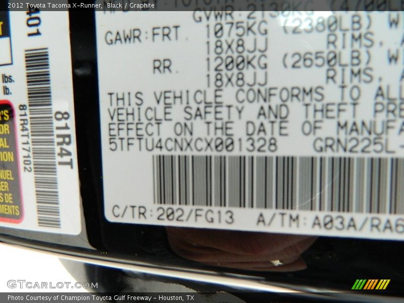 2012 Tacoma X-Runner Black Color Code 202