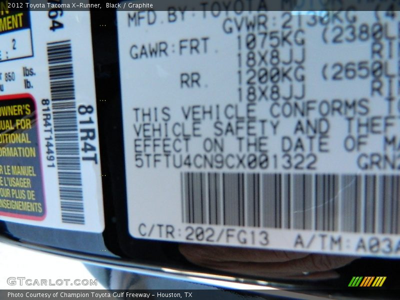 Black / Graphite 2012 Toyota Tacoma X-Runner