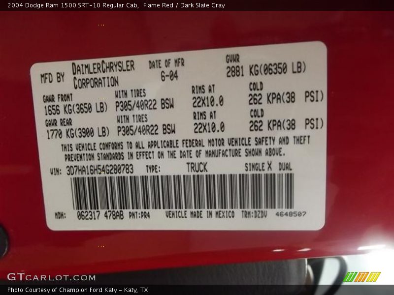 2004 Ram 1500 SRT-10 Regular Cab Flame Red Color Code PR4
