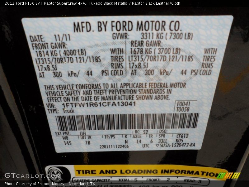2012 F150 SVT Raptor SuperCrew 4x4 Tuxedo Black Metallic Color Code UH