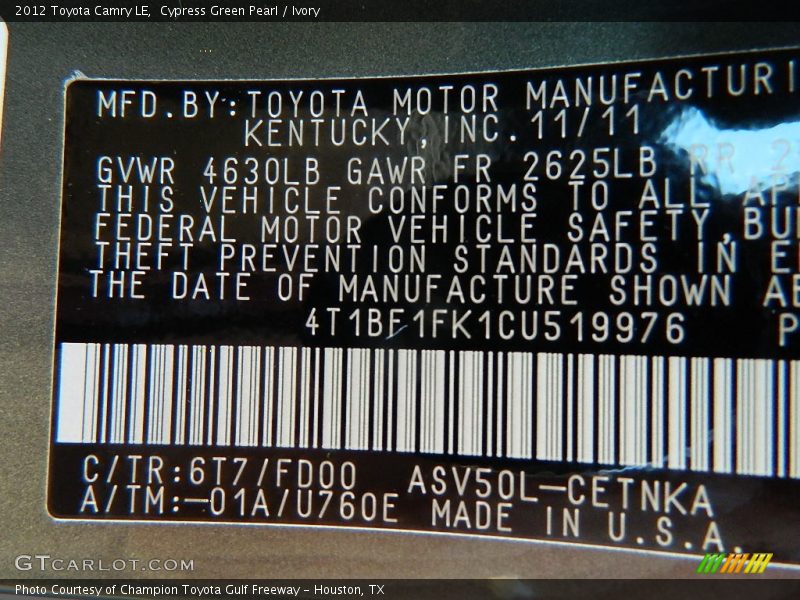 2012 Camry LE Cypress Green Pearl Color Code 6T7
