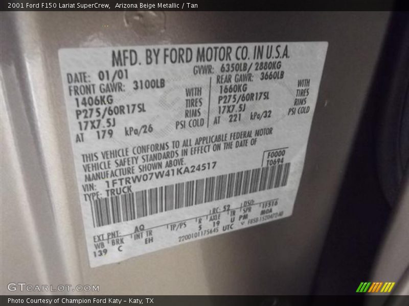 2001 F150 Lariat SuperCrew Arizona Beige Metallic Color Code AQ