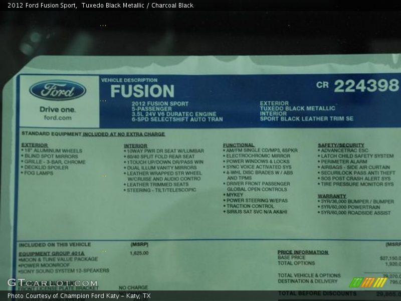  2012 Fusion Sport Window Sticker