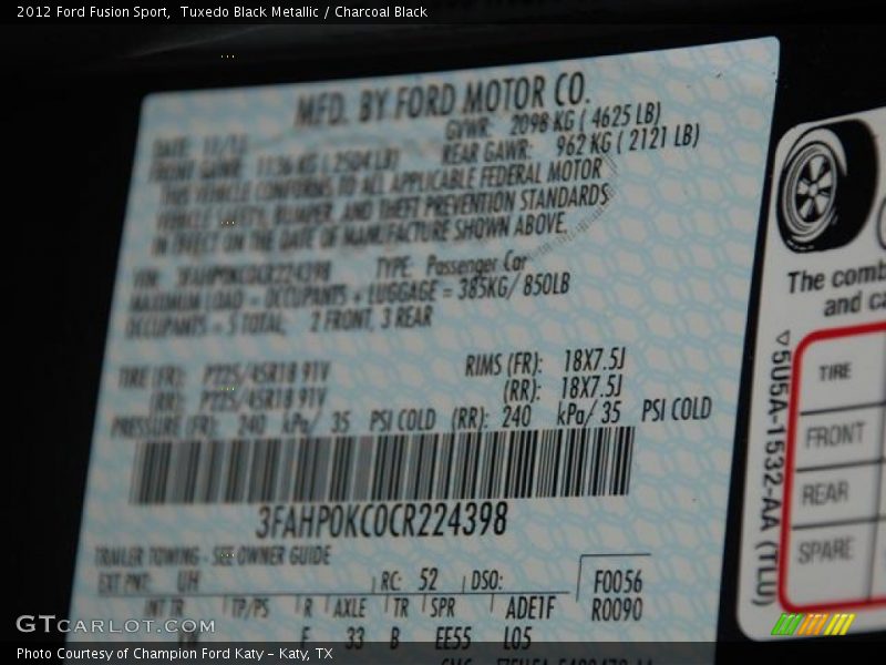 2012 Fusion Sport Tuxedo Black Metallic Color Code UH