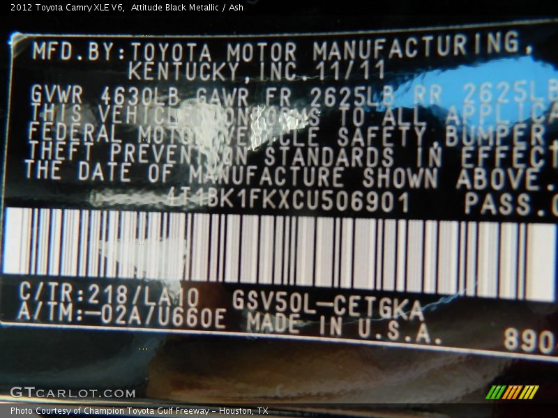 Attitude Black Metallic / Ash 2012 Toyota Camry XLE V6