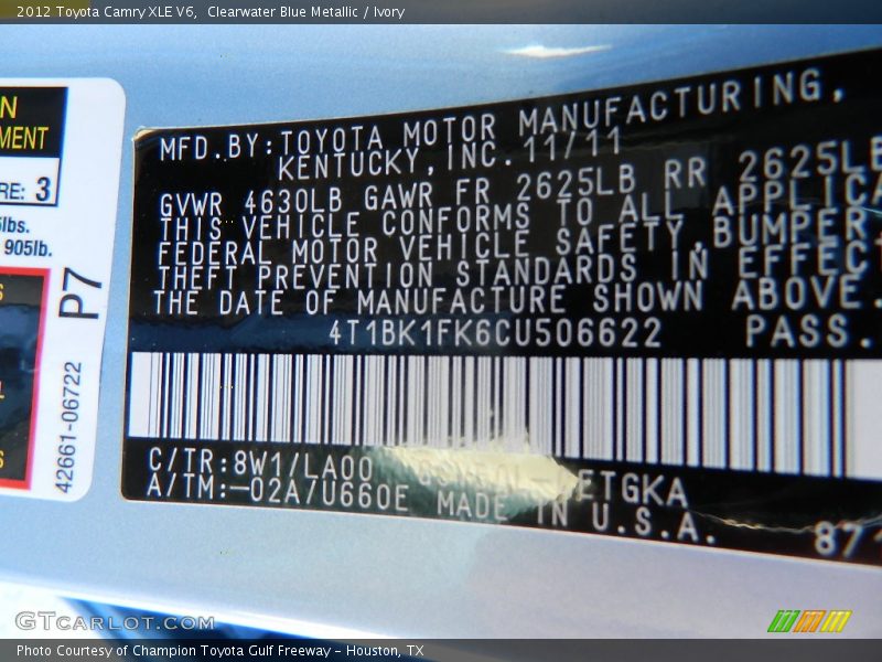 Clearwater Blue Metallic / Ivory 2012 Toyota Camry XLE V6