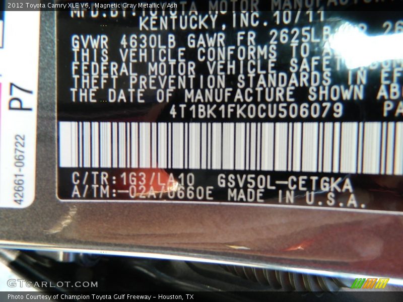 Magnetic Gray Metallic / Ash 2012 Toyota Camry XLE V6