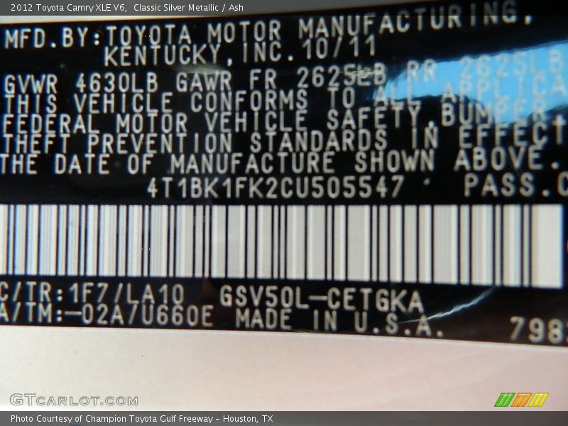 Classic Silver Metallic / Ash 2012 Toyota Camry XLE V6