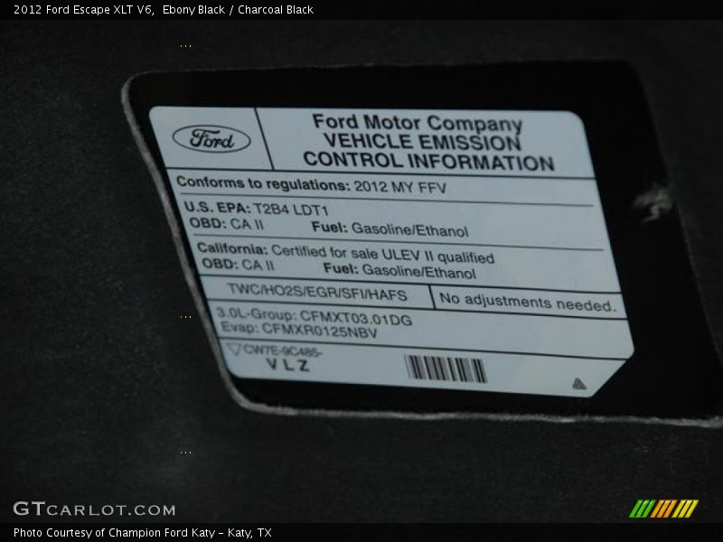 Ebony Black / Charcoal Black 2012 Ford Escape XLT V6