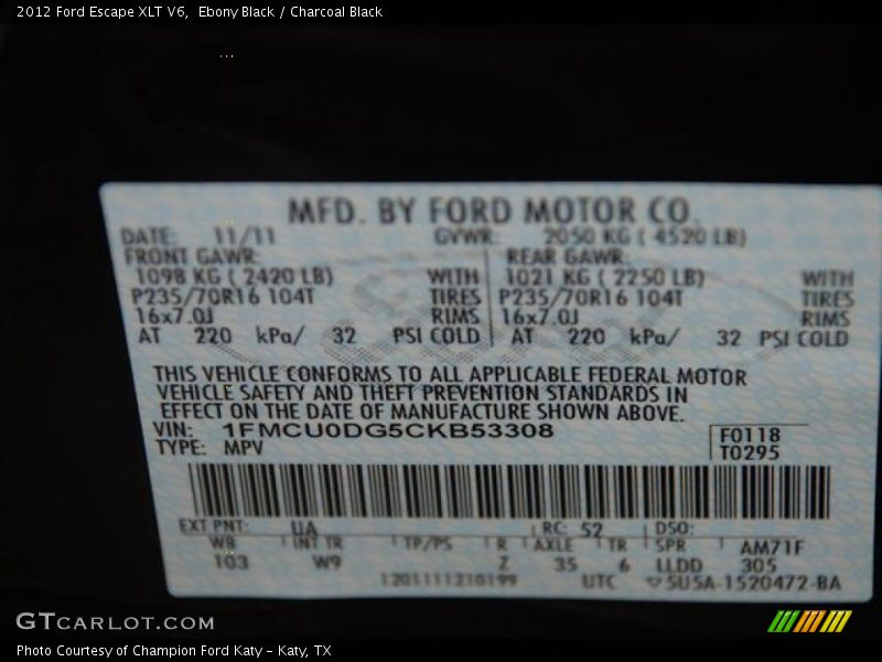Ebony Black / Charcoal Black 2012 Ford Escape XLT V6
