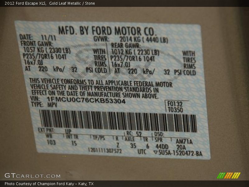 Gold Leaf Metallic / Stone 2012 Ford Escape XLS