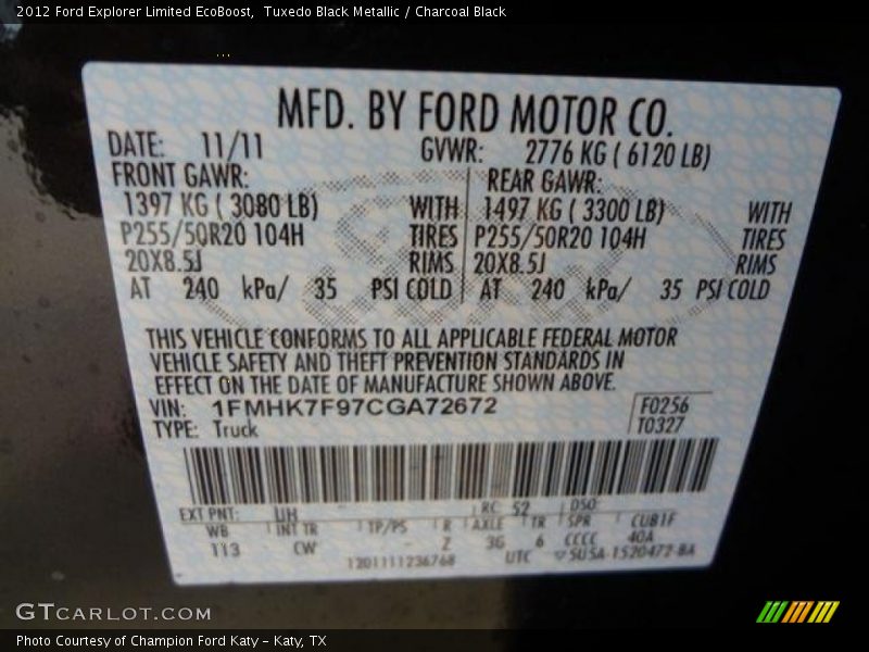 2012 Explorer Limited EcoBoost Tuxedo Black Metallic Color Code UH