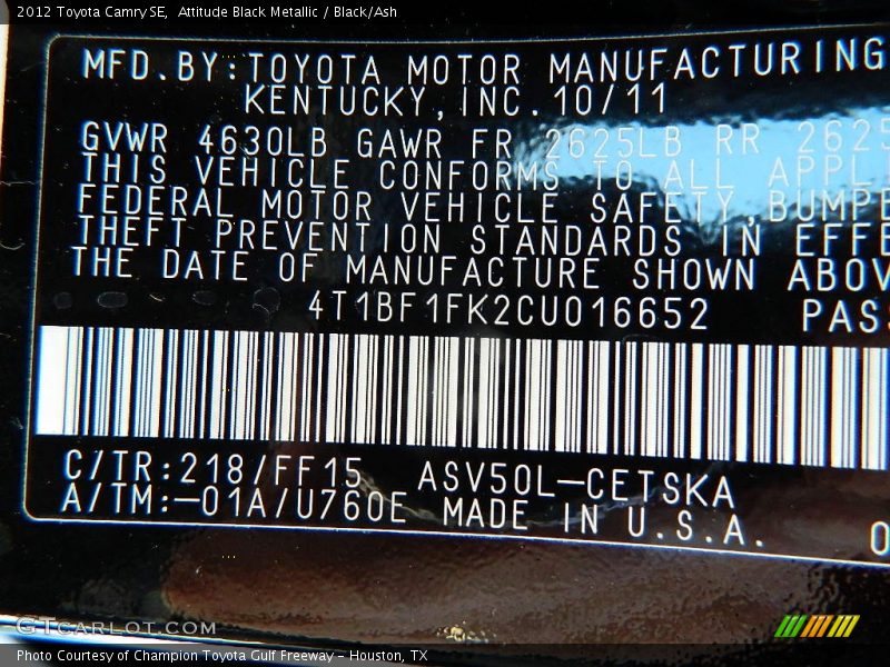 Attitude Black Metallic / Black/Ash 2012 Toyota Camry SE