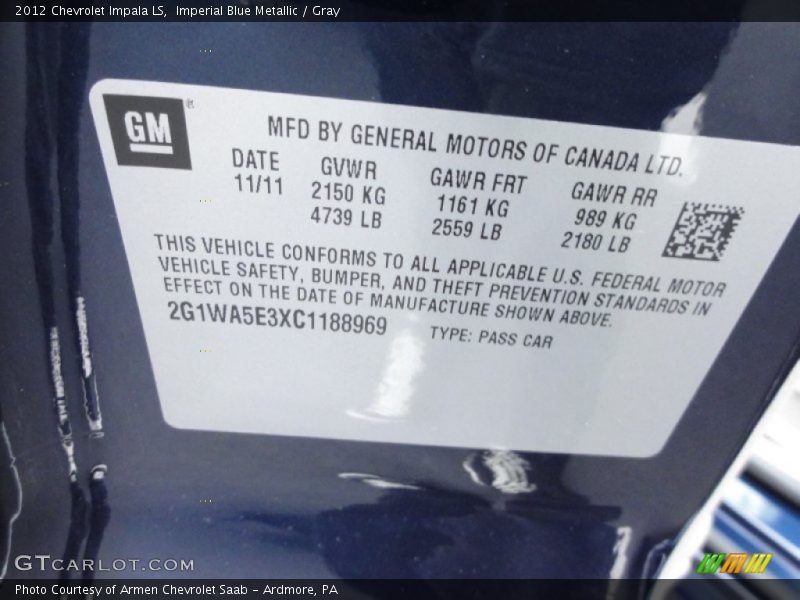 Imperial Blue Metallic / Gray 2012 Chevrolet Impala LS