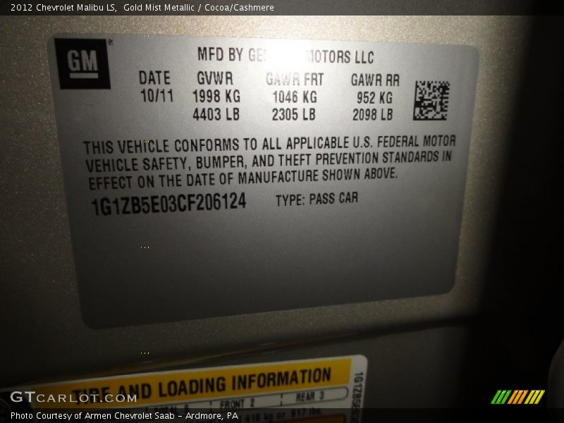 Gold Mist Metallic / Cocoa/Cashmere 2012 Chevrolet Malibu LS