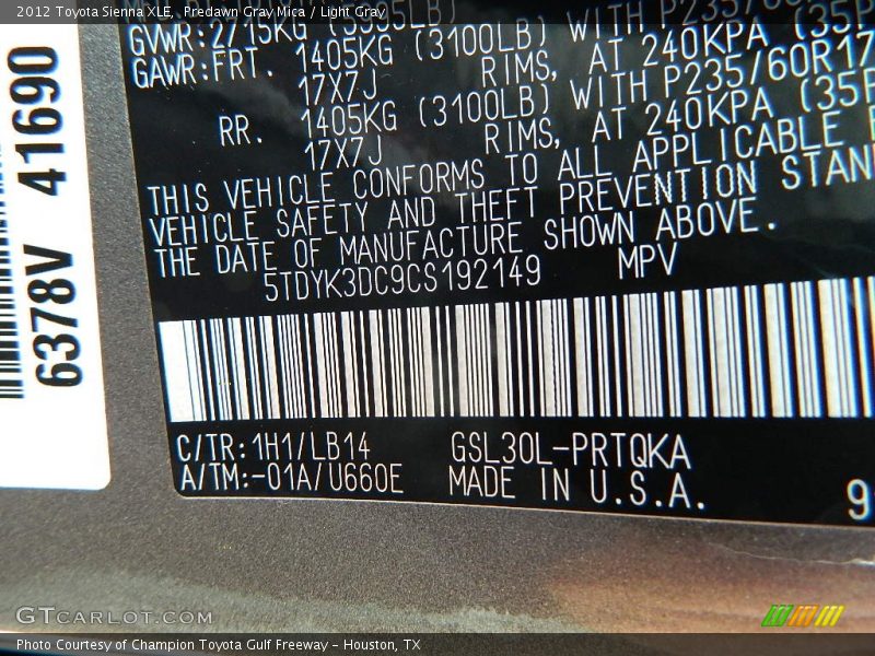 Predawn Gray Mica / Light Gray 2012 Toyota Sienna XLE