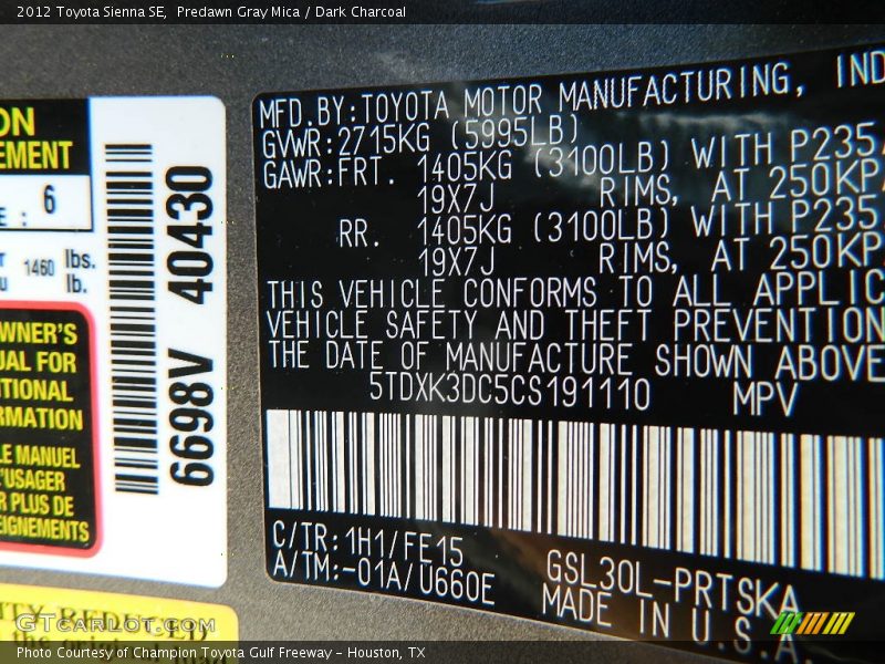2012 Sienna SE Predawn Gray Mica Color Code 1H1