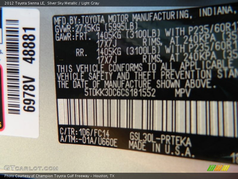 Silver Sky Metallic / Light Gray 2012 Toyota Sienna LE