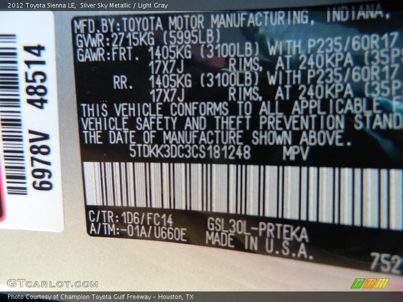Silver Sky Metallic / Light Gray 2012 Toyota Sienna LE